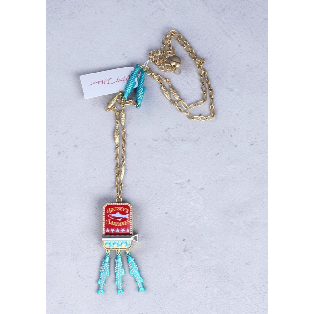 Betsey Johnson Sardine Necklace Gold Tone Crystal Fish Pendant Beach